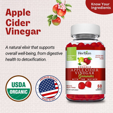 Herbion Apple Cider Vinegar Gummies are USDA Certified organic and made in the USA with premium quality ingredients. 
