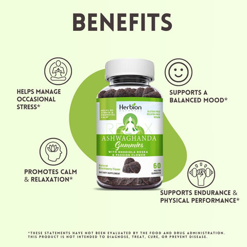 Herbion Ashwagandha Gummies helps manage occasional stress, promotes calm & relaxation, supports a balanced mood, and supports endurance & physical performance.