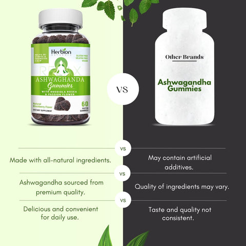 Herbion Ashwagandha Gummies is made with all-natural ingredients, sourced from premium quality, and has a delicious natural blackberry flavor. 