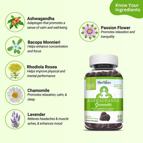 Herbal Ingredients of Herbion Ashwagandha Gummies: Ashwagandha, Bacopa Monnieri, Rhodiola Rosea, Chamomile, Lavender, and Passion Flower