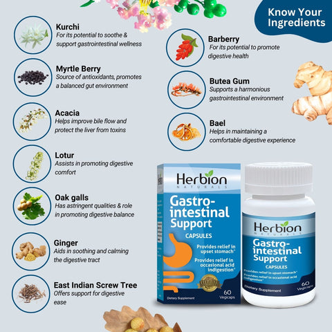 Herbal blend of Herbion Gastro-intestinal Support Capsules: Kurchi, Myrtle Berry, Acacia, Lotur, Oak Galls, Ginger, Barberry, Butea Gum, and Bael 