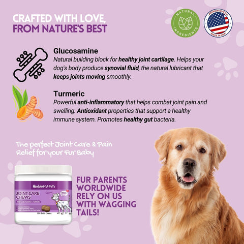 Herbion Joint Care Dog Chews contains Glucosamine HCL, Methylsulfonylmethane, Vitamin C, Chondroitin Sulphate, Organic Turmeric Root Powder, Dried Yukka Schidigera Extract, Collagen, and Vitamin E