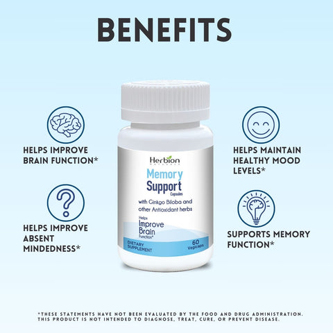 Herbion Memory Support Capsules helps improve brain function, maintain healthy mood levels, improve absent mindedness, support memory function. 