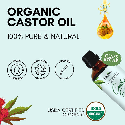 Herbion Organic Castor Oil is 100% pure and natural. It is cold-pressed, USDA Certified Organic, and comes a glass bottle.