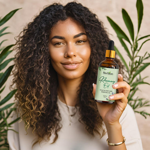 A woman holding Herbion Rosemary Oil