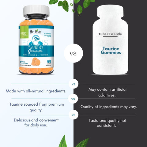 Herbion Taurine Gummies is a plant-based supplement with all-natural ingredients, premium quality, and delicious natural peach flavor. 