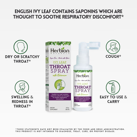 Herbion Ivy Leaf Throat Spray helps soothe dry or scratchy throat, cough, and swelling & redness in throat. 