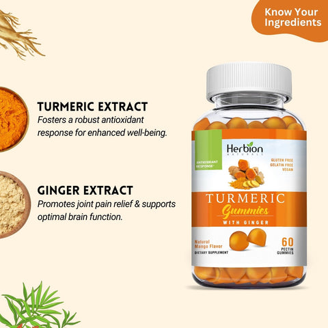 Herbion Turmeric Gummies contains turmeric extract and ginger extract. It comes in a natural mango flavor